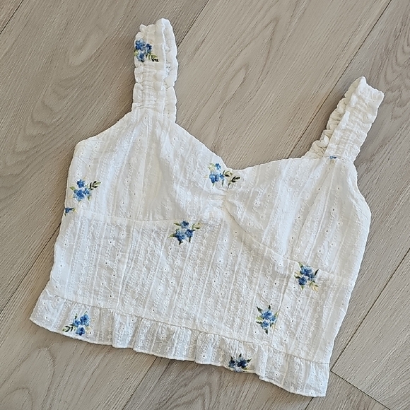 Kirious Cottagecore Dainty Pointelle Embroidered Ruched Cami Crop Top Small - Picture 1 of 12